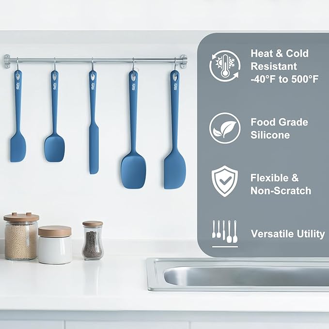 Redfly Silicone Spatula Set, 5 Piece Food Grade Silicone Cooking Utensils Set, Rubber Spatula Heat Resistant Nonstick for Baking, Cooking, Kitchen Utensils Dishwasher Safe Blue - Image 6
