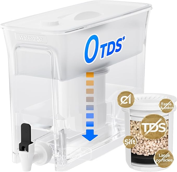 Waterdrop 0 TDS 35-Cup Slim Water Filter Dispenser, Large Capacity, Reduces TDS, Chlorine, PFOA/PFOS and More, BPA Free, White (with 1 Filter) by Waterdrop