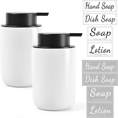 BosilunLife Foaming Soap Dispenser Set - White Ceramic Foam Hand Dispenser 12oz Soap Dispenser Set with Rust Proof Pump, 4Pcs Clear Stickers for Kitchen, Bathroom - 2 Pack