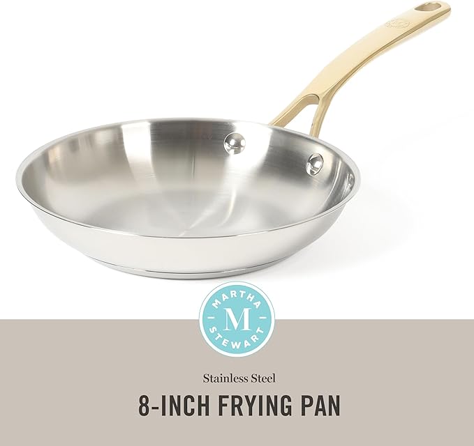 Martha Stewart Castelle 8-Inch Stainless Steel Frying Pan with Gold-Tone Handle – Tri-Ply Encapsulated Bottom, Oven Safe & Induction Safe Skillet for Searing and Sautéing - Image 2