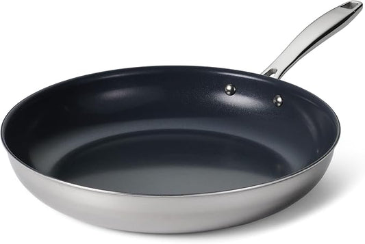 Tramontina Signature 12-Inch Tri-Ply Clad Stainless Steel Large Frying Pan with Ceramic Non Stick Interior, Induction-Ready Nonstick Skillet, Oven-Safe, Made in Brazil by Tramontina