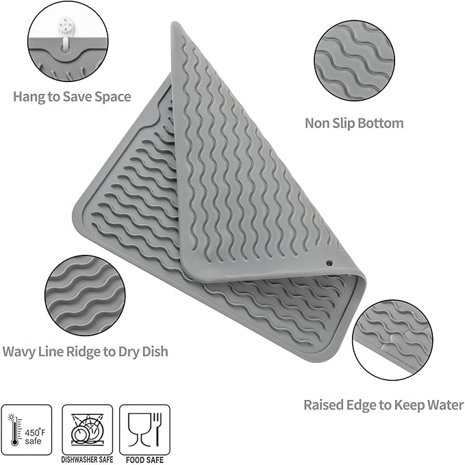 MicoYang Silicone Dish Drying Mat for Multiple Usage,Easy clean,Eco-friendly,Heat-resistant Silicone Mat for Kitchen Counter or Sink,Refrigerator or Drawer liner Grey M 12 inches x 12 inches - Image 3
