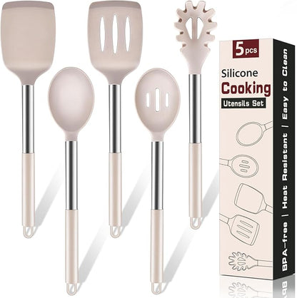 5Pcs Silicone Cooking Utensils Set, Heat Resistant Kitchen Tools Include Solid&Slotted Spatula, Cooking Spoon and Pasta Server, Silicone Kitchen Utensils set for Nonstick Cookware Flipping, Khaki by Unknown