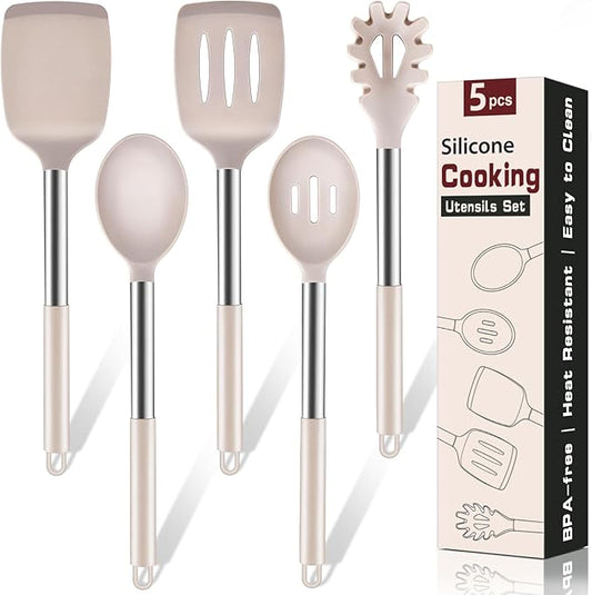 5Pcs Silicone Cooking Utensils Set, Heat Resistant Kitchen Tools Include Solid&Slotted Spatula, Cooking Spoon and Pasta Server, Silicone Kitchen Utensils set for Nonstick Cookware Flipping, Khaki by Unknown