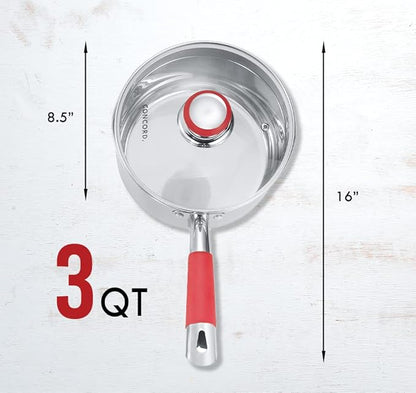 Concord 3 Quart Stainless Steel Saucepan with SIMPLE POUR Vented Glass Lid. Features Dual Pouring Spouts and Volume Marking. Perfect for making Sauces, Jam, Ramen, and more