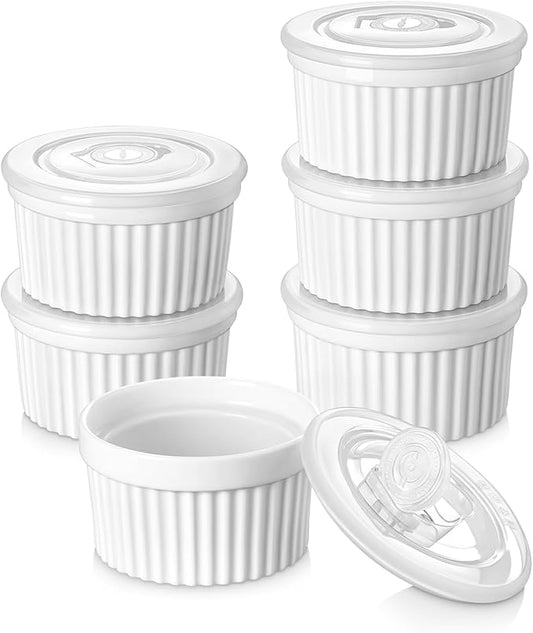 vancasso 6 oz Ramekins with Lid, Porcelain Creme Brulee Souffle Dishes, White Pudding Custard Cups Ramiken for Baking, Dishwasher and Oven Safe, Set of 6 by vancasso