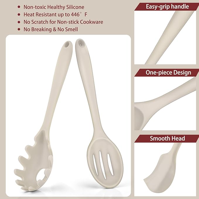 P&P CHEF Silicone Cooking Utensils Set of 7, Heat-proof Kitchen Utensils Set for Nonstick Cookware, Non-stick Spatula, Slotted Turner, Soup Ladle, Pasta Server, Spoon for Cooking Serving - Khaki - Image 3