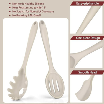P&P CHEF Silicone Cooking Utensils Set of 7, Heat-proof Kitchen Utensils Set for Nonstick Cookware, Non-stick Spatula, Slotted Turner, Soup Ladle, Pasta Server, Spoon for Cooking Serving - Khaki - Image 3