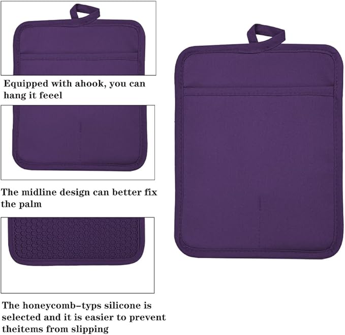 Oven Pot Holder with Pocket Cotton Heat Resistant Coaster Potholder Kitchen Hot Pad Oven Mitts for Cooking and Baking Square 7"x9" (Purple, Silicone) - Image 3