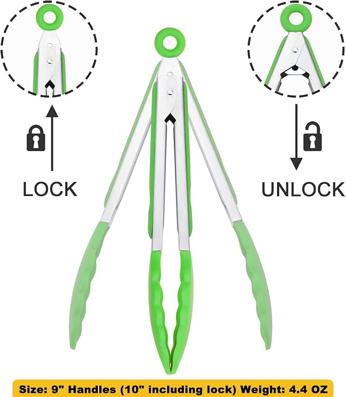 HINMAY Silicone Tongs 9-Inch Stainless Steel Locking Kitchen Tongs, Set of 3 (Green) - Image 3