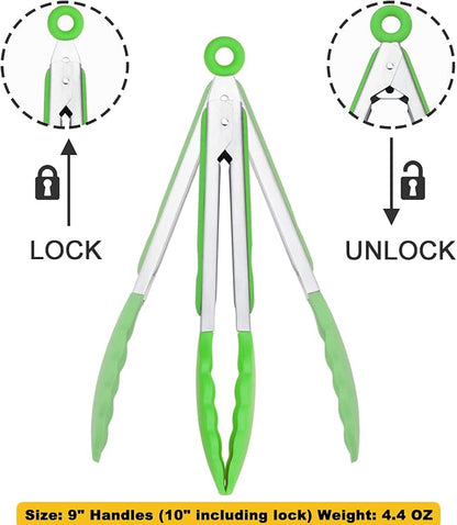 HINMAY Silicone Tongs 9-Inch Stainless Steel Locking Kitchen Tongs, Set of 3 (Green) - Image 3