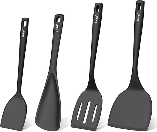 Beijiyi Silicone Spatula Set of 4, 600°F Heat Resistant, BPA Free Kitchen Spatula and Spoons for Nonstick Cookware, Solid & Slotted Turner Cooking Utensils for Serving, Flipping Egg, Pancakes (Black)