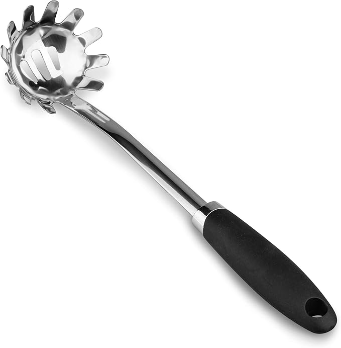 Stainless Steel Spaghetti Spoon, 12.6 Inch Pasta Server with Toothed Head and Comfortable Grip, Metal Pasta Fork for Serving Spaghetti, Linguine, Noodles, Ravioli and More