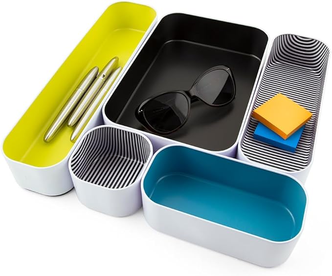 Three by Three Seattle 5 Piece Metal Organizer Tray Set for Storing Makeup, Stationery, Utensils, and More in Office Desk, Kitchen and Bathroom Drawers (2 Inch, Assorted Colors, Stripes) - Image 6