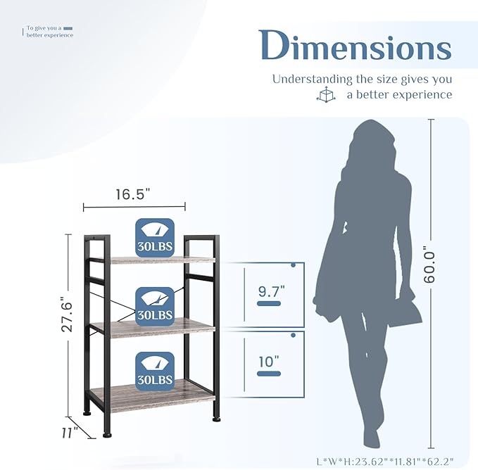 DUMOS 3 Tiers Bookshelf, Classical Book Shelf, Tall Display Shelves in Living Room/Home/Office, Storage Organizer for CDs/Books/Movies, Wood Grey - Image 3