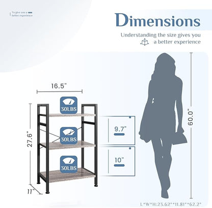 DUMOS 3 Tiers Bookshelf, Classical Book Shelf, Tall Display Shelves in Living Room/Home/Office, Storage Organizer for CDs/Books/Movies, Wood Grey - Image 3