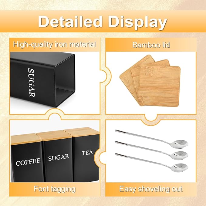 3 Pcs Tea Coffee Sugar Canisters, Black Metal Canister Storage Jar Container Set, Food Storage With 3 Spoons, Rust Resistant Powder Coated Iron Caddies for Kitchen Worktop Organizer (Black) - Image 3