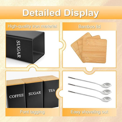 3 Pcs Tea Coffee Sugar Canisters, Black Metal Canister Storage Jar Container Set, Food Storage With 3 Spoons, Rust Resistant Powder Coated Iron Caddies for Kitchen Worktop Organizer (Black) - Image 3