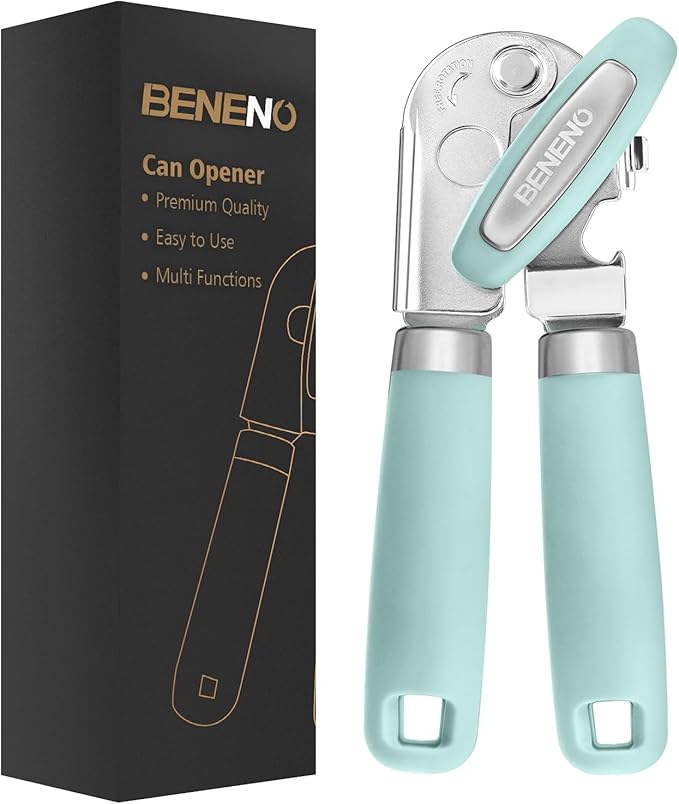 Beneno Heavy Duty Hand Can Opener Manual with Magnet, Durable Sharp Carbon Steel Blade Smooth Cutting, Big Effort-Saving Knob & Soft Grip Handle, Multifunctional Kitchen Tool with Bottle Opener, Mint by Beneno