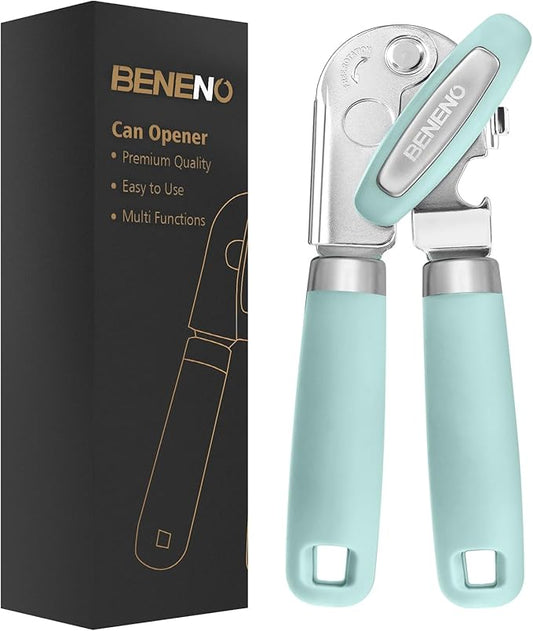 Beneno Heavy Duty Hand Can Opener Manual with Magnet, Durable Sharp Carbon Steel Blade Smooth Cutting, Big Effort-Saving Knob & Soft Grip Handle, Multifunctional Kitchen Tool with Bottle Opener, Mint by Beneno