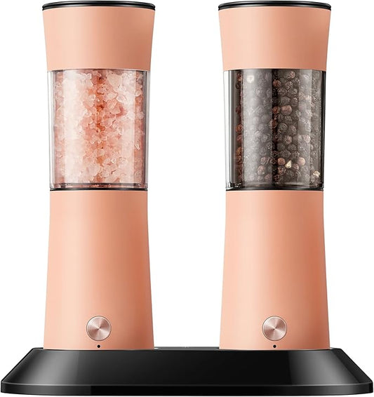 Gravity Electric Salt and Pepper Grinder Set with USB-C Charging Base,Rechargeable Automatic Stainless Steel Pepper Mill Grinder with LED Light, 2pack+Peach Orange (Peach Orange)