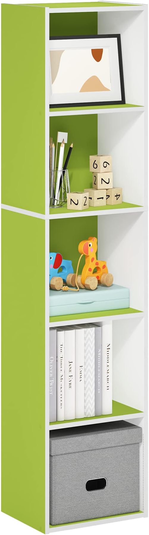 Furinno PASIR Book Shelf, 5-Tier Modern Bookshelf, Open Shelves Bookcase 9 x 12 x 52, Easy Assembly, for Living Room, Bedroom, Home Office, Green/White by Furinno-FitsYourSpaceFitsYourBudget
