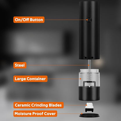 Rechargeable Electric Salt and Pepper Grinder Set, Automatic Pepper Mill with Adjustable Coarseness & One-Hand Operation, Large Capacity Battery-Powered Shakers for Cooking, Kitchen, Gifts (2, Black)