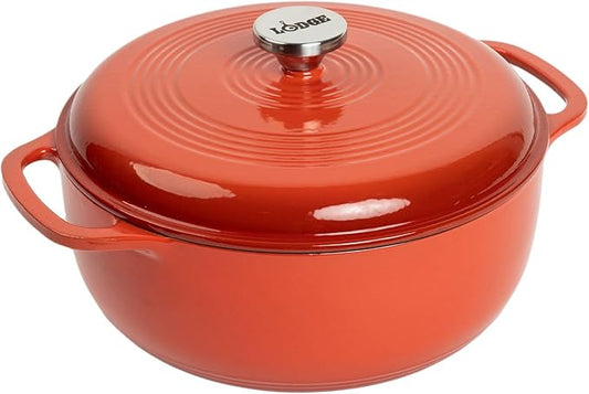 Lodge Essential Enamel Cast Iron Dutch Oven - Perfect for Bread Baking, Braising, Marinating & Slow Cooking - Features Moisture-Sealing Lid & Dual Handles - Kitchen Essentials - 6 Quarts - Poppy by Lodge