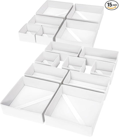 DIMJ Drawer Organizer Clothes, 15 Pack Fabric Drawer Organizer Bins, Foldable Baby Clothes Organizer & Dresser Organizer For Nursery, Clothes, Bedroom, Closet, Socks, Bra, Tie,White by DiMJ