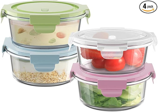 Freshmage 12oz Glass Meal Prep Containers, 1.5 Cup Food Storage Container with Lid Airtight, BPA-Free, Borosilicate Glass Soup Container for Leftovers, Microwave Oven Dishwasher&Freezer Safe (4 Pack)