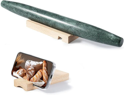 French Marble French Rolling Pin with Wooden Resting Base, 15 inch Kitchen Baking Tool for Baking with Non-Stick Surface, Ideal as a Dough Roller for Pie Crust, Cookie, Pasta by Unknown