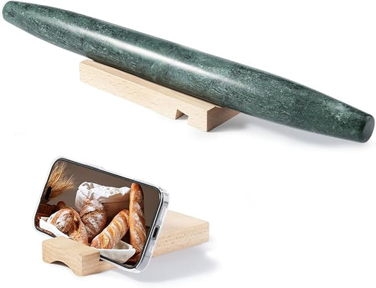 French Marble French Rolling Pin with Wooden Resting Base, 15 inch Kitchen Baking Tool for Baking with Non-Stick Surface, Ideal as a Dough Roller for Pie Crust, Cookie, Pasta by Unknown