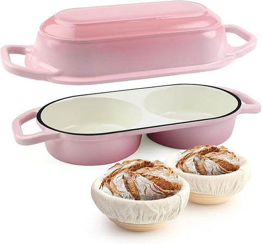 YONILL Mini Double Dutch Oven for Sourdough Bread Baking - Enameled Cast Iron Dutch Oven Pot with Lid and 5" Banneton Bread Proofing Basket Kit, Dual Round Bread Loaf Pan for Homemade Baking (Pink) by YONILL