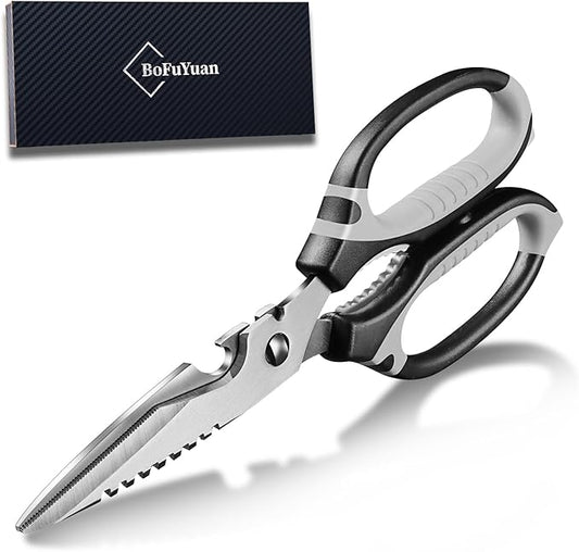 BoFuYuan Kitchen Scissors, 9-Inch Heavy Duty Multipurpose Food Cutting Shears, Detachable Dishwasher Safe, Sharp Serrated Blade, Ergonomic Non-Slip Handle for Food, Meat, Herbs, Black