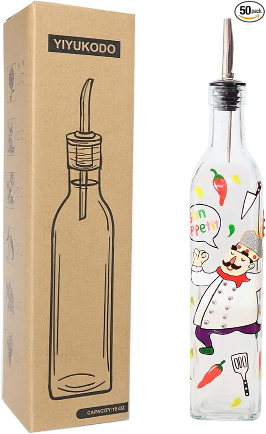 17oz Hand Painted Glass Olive Oil Bottle - 500ml Green Oil & Vinegar Cruet with Pourers and Funnel - Olive Oil Carafe Decanter for Kitchen (chef)