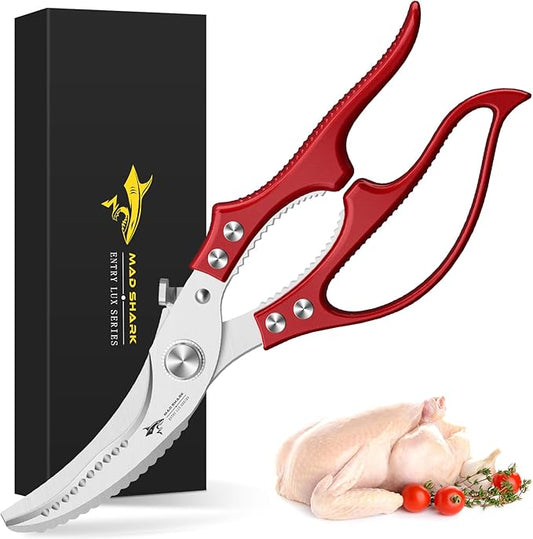 MAD SHARK Professional Heavy Duty Poultry Shears - Kitchen Shears for Spatchcocking Chicken and Meat Cutting, Multi-Purpose Kitchen Scissors for Food, Spring-loaded (Red) by MADSHARK