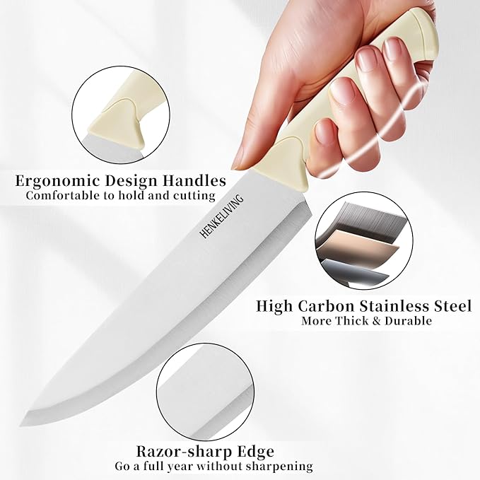 Knife Set, 6-Piece Kitchen Knife Set, German High Carbon Stainless Steel, Durable & Easy Clean Knife Block, Cream - Image 3