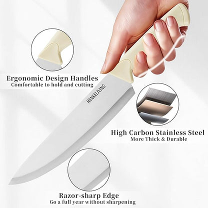 Knife Set, 6-Piece Kitchen Knife Set, German High Carbon Stainless Steel, Durable & Easy Clean Knife Block, Cream - Image 3