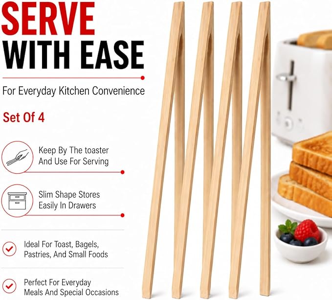 HIC Kitchen Toast Tongs, Natural Bamboo, 12-Inches, Set of 4