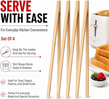 HIC Kitchen Toast Tongs, Natural Bamboo, 12-Inches, Set of 4