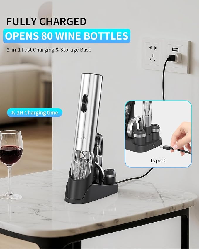 CIRCLE JOY Electric Wine Opener 7-in-1 Stainless Steel Rechargeable Electric Wine Bottle Opener Set with Automatic Vacuum Pump, Foil Cutter, Wine Pourer, 2 Vacuum Stoppers & Charging Station, Silver - Image 4