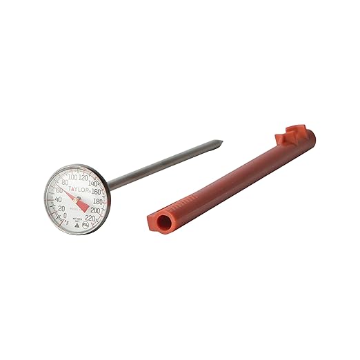 Taylor Instant Read Analog Meat Food Grill BBQ Cooking Kitchen Thermometer with Red Pocket Sleeve for Calibration, 1 inch dial, Stainless Steel