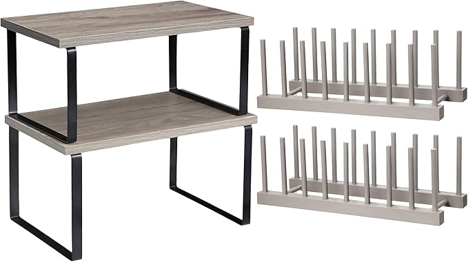 Marsui 4 Pcs Kitchen Organizer Accessories Set Cabinet Organizer Shelf and Bamboo Dish Drying Plate Rack Counter Shelves Storage Holder for Spice Rack, Dish, Pot Lid, Bowl, Cup (Gray) by Marsui