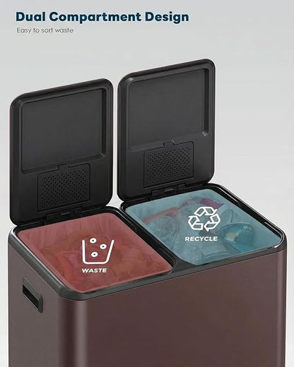 ComfyCorner 16 Gal (2 x 30 L) Dual Trash Can, Stainless Steel Kitchen Garbage Bin, Recycle Dustbin with Odor Control Box, Soft-Close Lid, Inner Buckets, Side Handle, Step Pedal, for Home Office