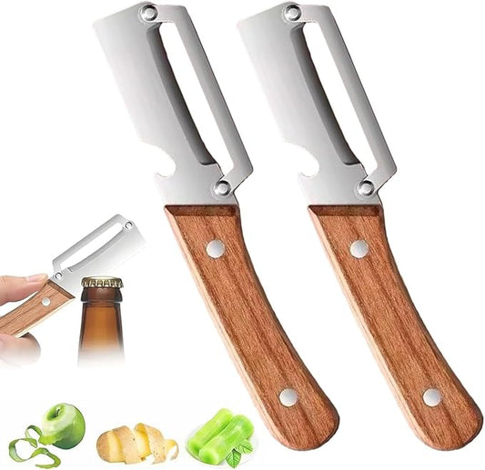 2Pcs Multifunctional Vegetable Peeler for Kitchen, 2-in-1 Stainless Steel Vegetable Peeler with Wooden Handle and Bottle Opener, Stainless Steel Blade, Non-Slip Kitchen Vegetable and Fruit Peeler by Unknown