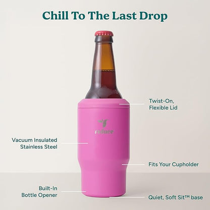 Reduce 4-in-1 Drink Cooler - Versatile Can & Bottle Holder with Vacuum Insulation - Keeps Drinks Cold Up to 4 Hours - Includes Bottle Opener - Fits Cupholders & Dishwasher Safe - 14oz - Sunset Fuschia