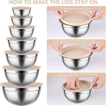 Leidawn Mixing Bowls with Lids set - 25 PCS Stainless Steel Nesting Khaki Mixing Bowls Set for Baking,Mixing,Serving & Prepping,Size 5, 3.7, 2.8, 2.3, 1.7, 1.1, 0.7QT, 11 Cooking Utensils - Image 3