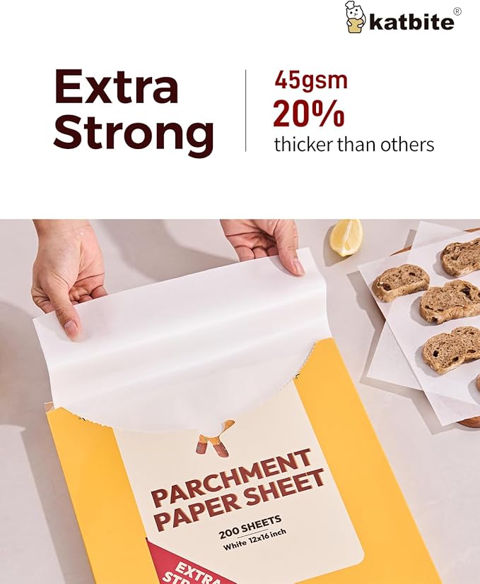 Katbite 200PCS 12x16 In Heavy Duty Flat Parchment Paper, Parchment Paper Sheets for Baking Cookies, Cooking, Frying, Air Fryer, Grilling Rack, Oven(12x16 Inch) [Extra Strong Series]