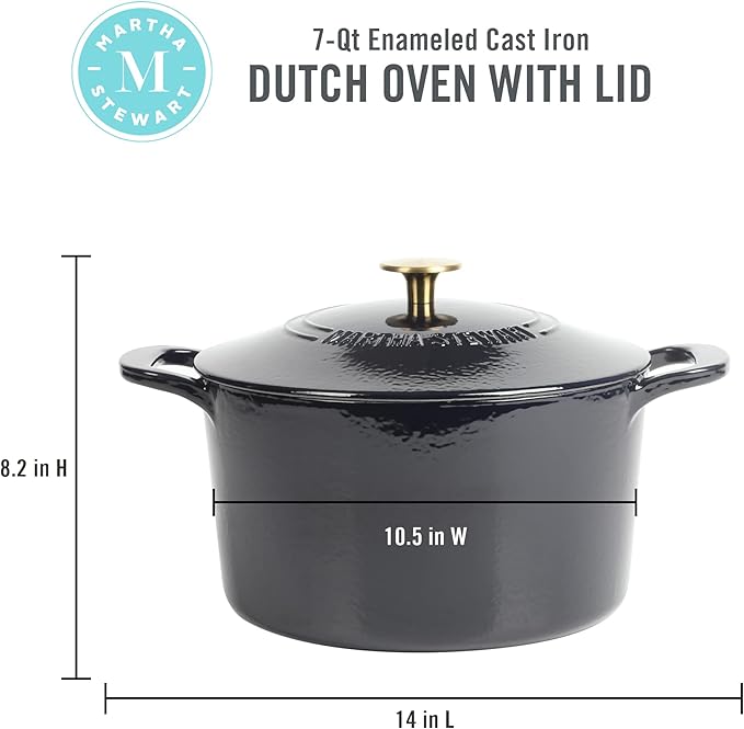MARTHA STEWART Gatwick 7-Quart Enamel Cast Iron Dutch Oven Pot with Lid – Navy Blue with Gold Knob – Durable Heavy-Duty Dutch Oven for Slow Cooking & Braising - Image 2