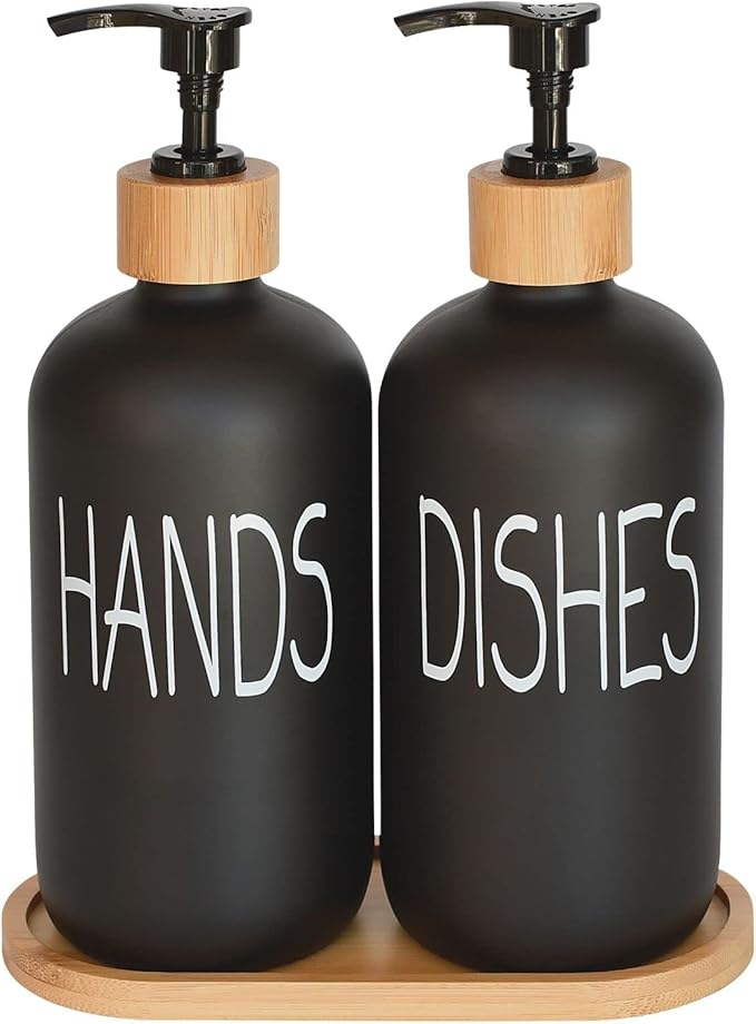 Glass Soap Dispenser Set. Hand and Dish with Bamboo Tray. Vintage Pump for Kitchen Drain Outlet Bathroom. Stylish Permanent Labels (Matte Black) by DIDROOM